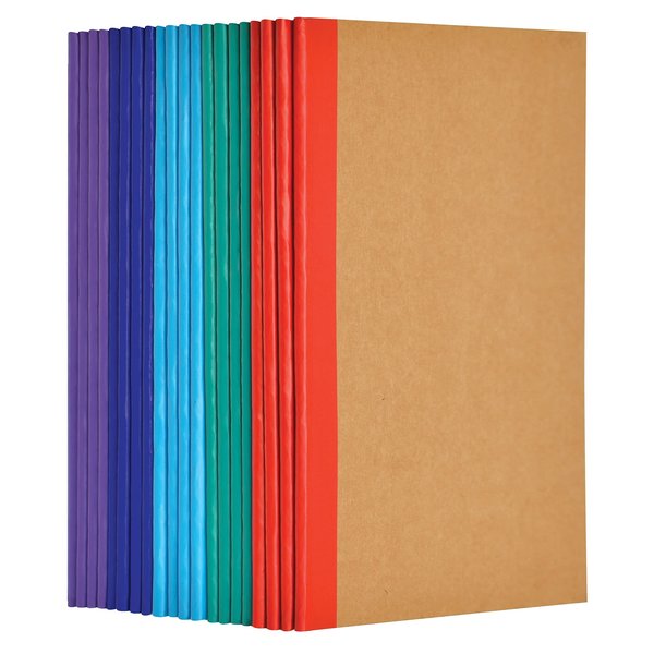 Better Office Products Kraft Notebooks, Colored Spines, 8.3in.x5.5in. A5 Size, 60 Blank White Pages, 80gsm, Soft Cvr, 20PK 25031